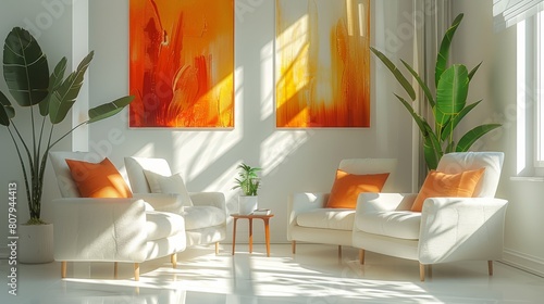 Sofa and armchairs, on a neutral background of light colors, small abstract paintings on the walls. Generative AI.