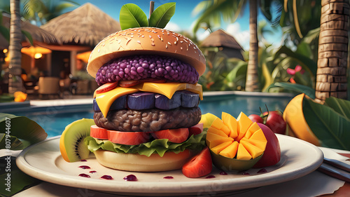 Burger Extravaganza: Elevating the Ordinary with Realistic African Cuisine, Exotic Fruit Garnishes, and a Touch of Fine Dining in a Tropical Setting