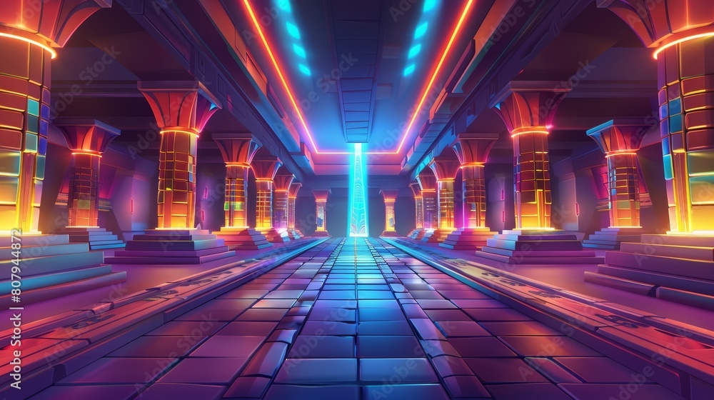Egyptian corridor with columns, stairs, and neon glowing magic portal with vortex. Illustration of ancient archeology pharaoh pyramid room interior.