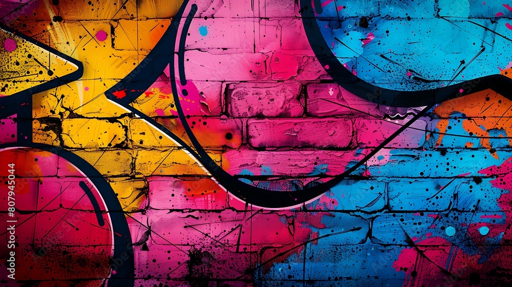 Bright pop art graffiti wall textured background wallpaper design. Vivid neon color palette