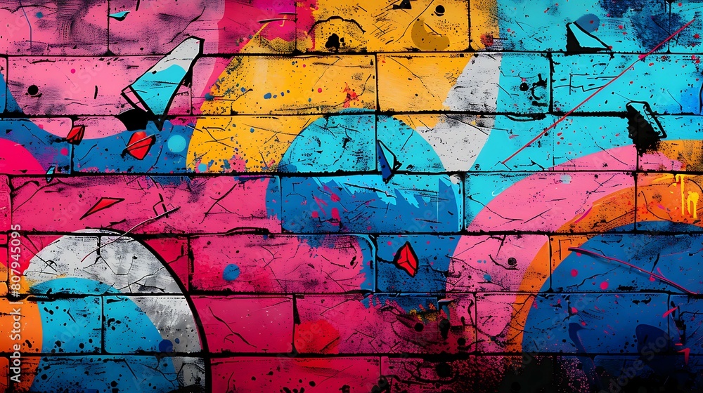 Fototapeta premium Bright pop art graffiti wall textured background wallpaper design. Vivid neon color palette