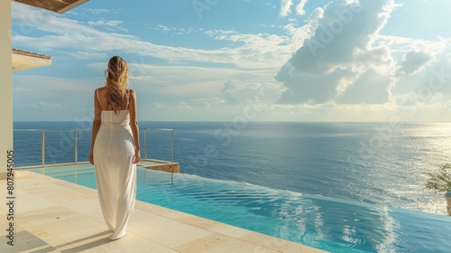 A woman in a white dress standing by the edge of an infinity pool, AI