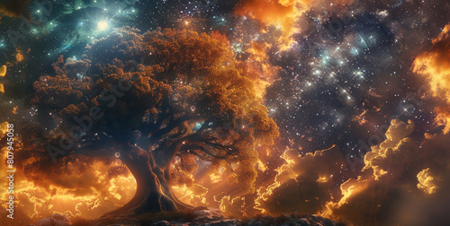 The tree of Life, depicted as a grand, ancient tree with sprawling branches and deep roots, set against a backdrop of the universe. The universe should be vibrant. Generative AI. photo