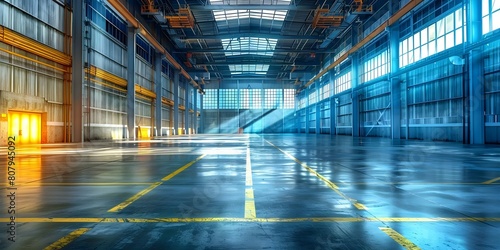 Interior of empty industrial building with metal and concrete modern factory. Concept Industrial Architecture, Modern Interior Design, Concrete Building, Metal Structure, Empty Factory photo