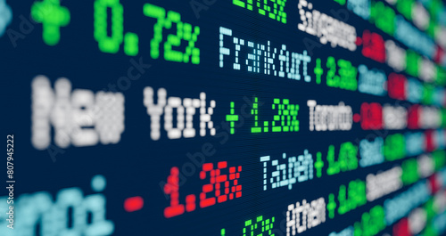Close-up stock market and exchange, ticker with index changes of the global markets.