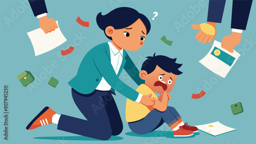 A young child crying and clinging onto their parents leg overwhelmed by the chaotic atmosphere and relentless push for fearinduced purchases..