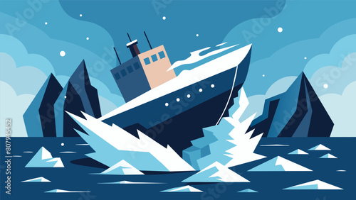 A ship breaking through ice representing the perseverance and strength needed to break through the chains of distress and journey towards inner peace.. Vector illustration