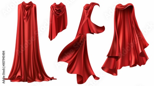 This is a graphic illustration of a red superhero cape set on a white background. The drapery is flying in the wind and it represents a halloween costume mantle, a textile curtain for the home, it © Mark