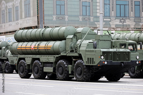 Moscow, Russia - May 2, 2024: Russian S-400 Triumph anti-aircraft missile system on Tverskaya street during a rehearsal of the Victory parade photo