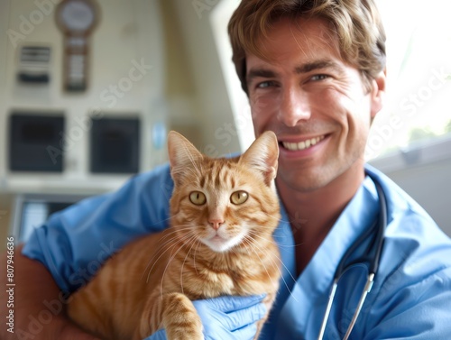 veterinarian man and a cat in the clinic room