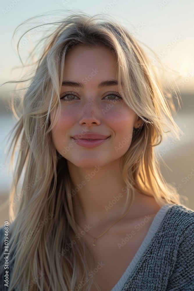 A young woman with long blond hair is smiling at the camera. She is wearing a gray sweater. The background is blurry. A young woman with long blond hair is smiling at the camera. She is wearing a gray sweater. The background is blurry.