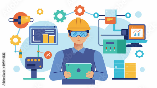 A worker using AR to virtually test out different equipment and machinery before making a purchase or rental decision.. Vector illustration