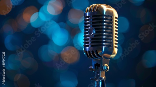 A close up of a microphone on top of some blue lights, AI