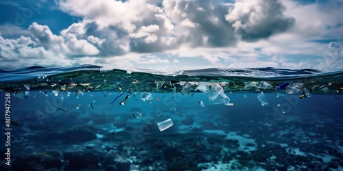 Underwater front view on polluted plastic water ocean or sea wave, macro, glass, sky, blue