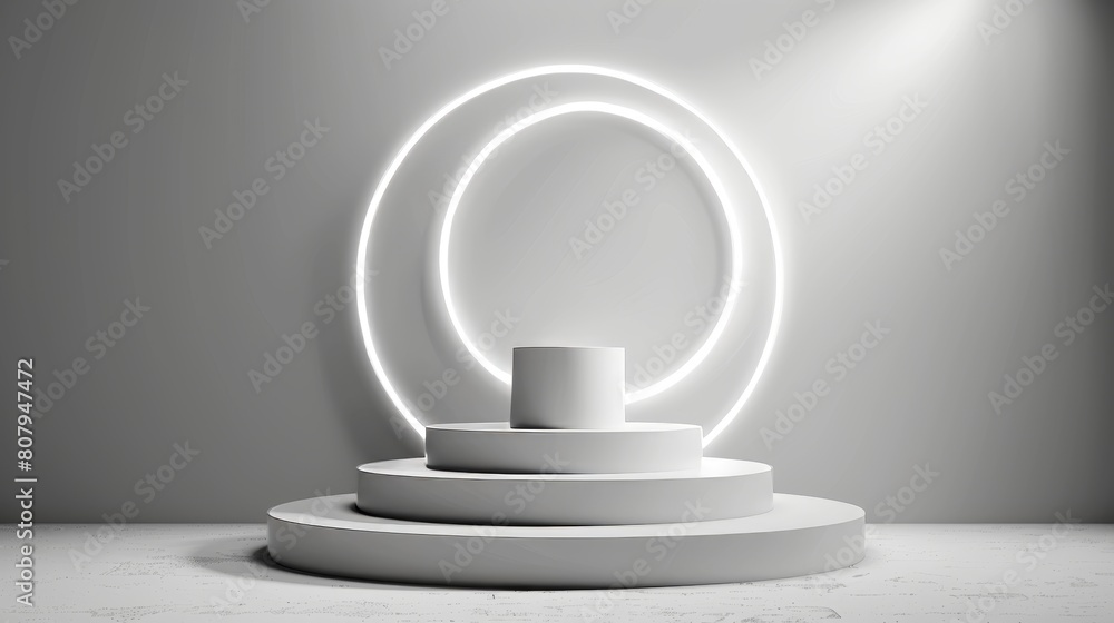 Realistic modern illustration of a display platform with a glow bright ring or lens flare effect on a white cylinder podium surrounded by a floor, wall, and a light neon circle. Realistic modern illustration of a display platform with a glow bright ring or lens flare effect on a white cylinder podium surrounded by a floor, wall, and a light neon circle.