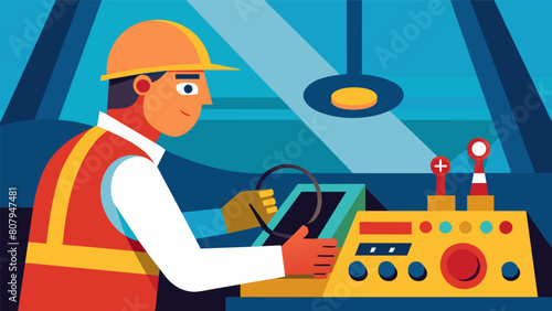 The operators hands deftly maneuver the various levers and buttons directing the cranes powerful movements.. Vector illustration