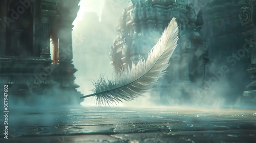 Feather floating through a temple filled with mist, a serene symbol of lightness and spiritual calm photo