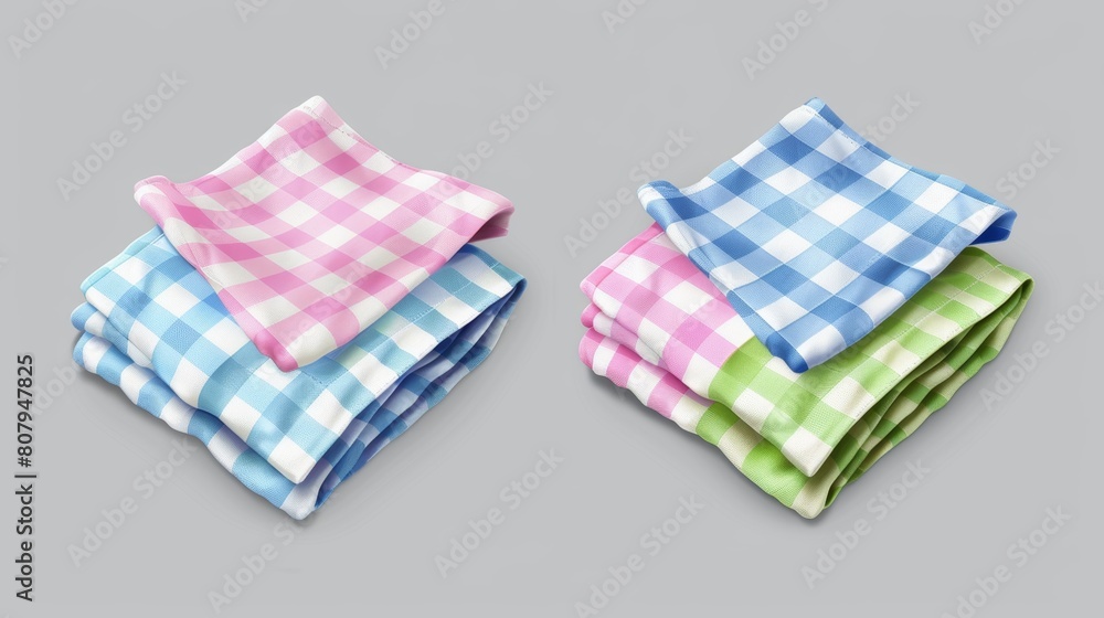 This modern realistic illustration shows a laundry basket filled with blue, pink, and green color checkered picnic towels. This modern realistic illustration shows a laundry basket filled with blue, pink, and green color checkered picnic towels.