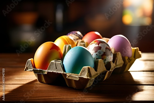 Bunte Ostereier im Eierkarton auf Holztisch