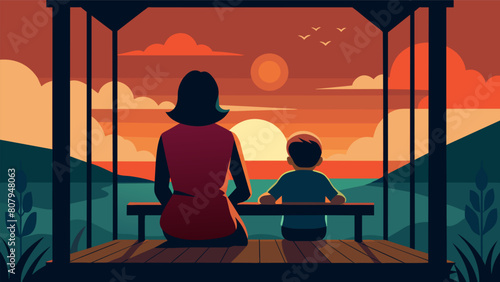 A mother and child sit on a porch swing watching the sunset and discussing the Stoic concept of embracing change and finding inner strength.. Vector illustration