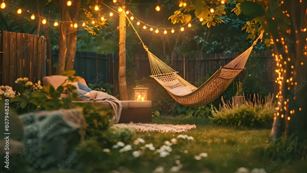 Tranquil backyard with a hammock under string lights, invoking relaxation and summer evenings, ideal for concepts related to home gardening and staycations