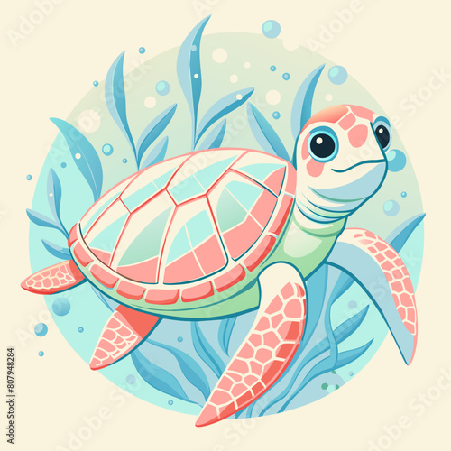 Summer Vibes. turtle Vector with Blue and pink colors