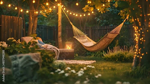 Tranquil backyard with a hammock under string lights, invoking relaxation and summer evenings, ideal for concepts related to home gardening and staycations photo