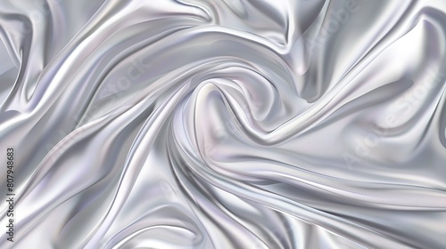 The elegant flow of luxurious silky fabric is a high definition image that captures the graceful waves and soft texture of the beautiful silver satin material.