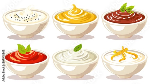 A variety of delicious sauces in colorful bowls  perfect for food blogs and restaurant menus