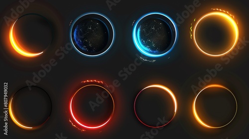 Ethereal glow: a triptych of luminous circles representing different phases of the existence of celestial bodies in deep space