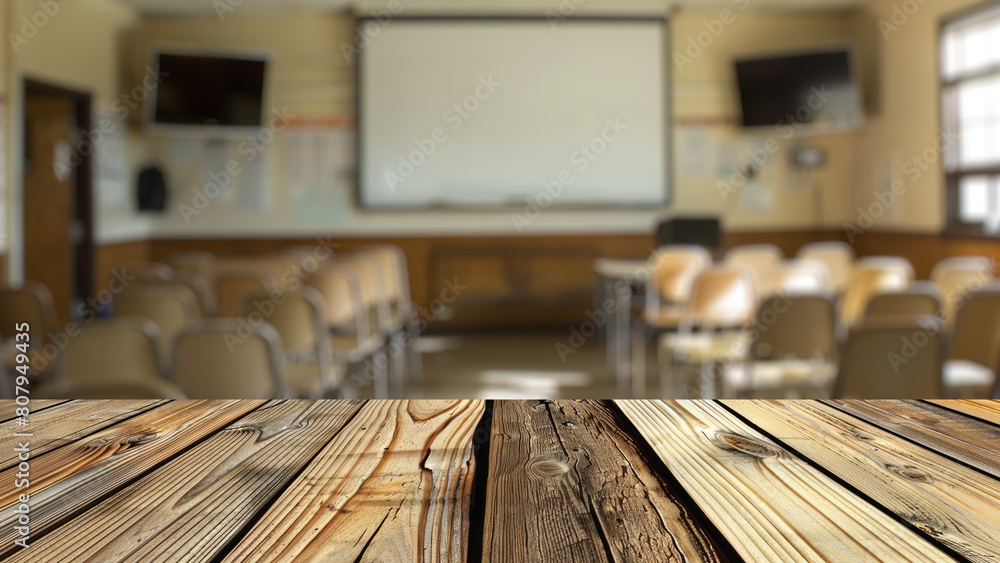 Empty wood table top with blur background of classroom in school.