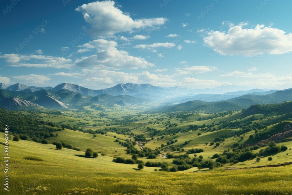 Picturesque Green Valley with Rolling Hills and Distant Mountains Under Blue Sky.
