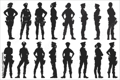 Woman police officer silhouettes, Set of woman police officer, Black silhouette of woman police, Woman police officer, Female police officer silhouette, Silhouettes of woman police standing 