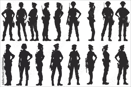 Woman police officer silhouettes, Set of woman police officer, Black silhouette of woman police, Woman police officer, Female police officer silhouette, Silhouettes of woman police standing 