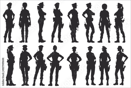 Woman police officer silhouettes, Set of woman police officer, Black silhouette of woman police, Woman police officer, Female police officer silhouette, Silhouettes of woman police standing 