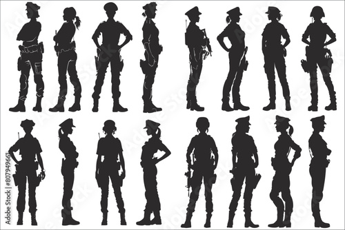 Woman police officer silhouettes, Set of woman police officer, Black silhouette of woman police, Woman police officer, Female police officer silhouette, Silhouettes of woman police standing 