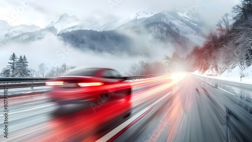 Fast cars on highway with blurred motion against snowy mountains backdrop. Concept Sports Cars, Blurred Motion, Snowy Mountains, High Speed, Scenic Backdrop © Anastasiia