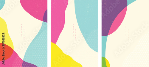 Japanese pattern vector. Oriental wedding invitation and frame background. Geometric pattern and brush stroke decoration. Abstract art template in risography style	