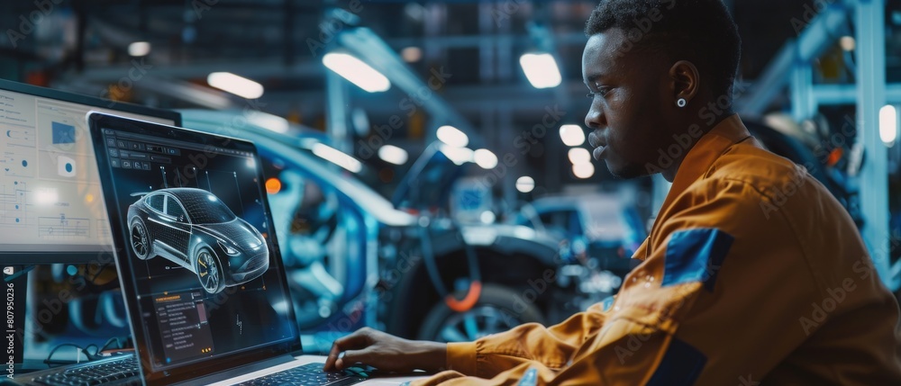 Using laptop at car assembly plant, African American engineer looking out the window. Autonomous electric car production line operator working on computer.