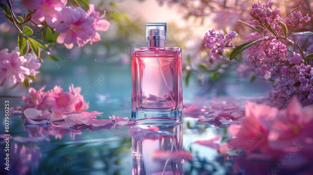 Elegant perfume bottle amidst lush pink flowers and reflective water surface - Concept of beauty, femininity, and fragrance Elegant perfume bottle amidst lush pink flowers and reflective water surface - Concept of beauty, femininity, and fragrance