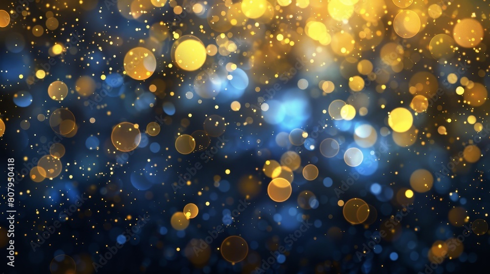 An abstract blurry sparkle background with blue and gold bokeh. A festive bright soft circle flare texture. A luxury pattern with blur strands and glitter. An abstract blurry sparkle background with blue and gold bokeh. A festive bright soft circle flare texture. A luxury pattern with blur strands and glitter.