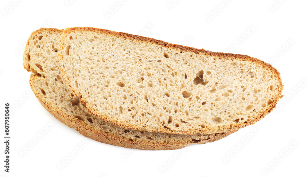 Slices of freshly baked sourdough bread isolated on white Slices of freshly baked sourdough bread isolated on white