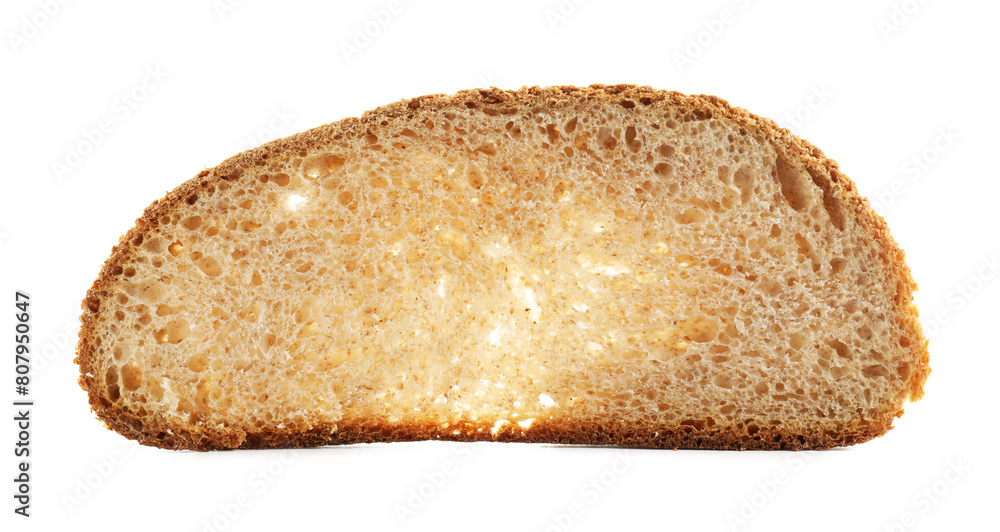 Slice of freshly baked sourdough bread isolated on white