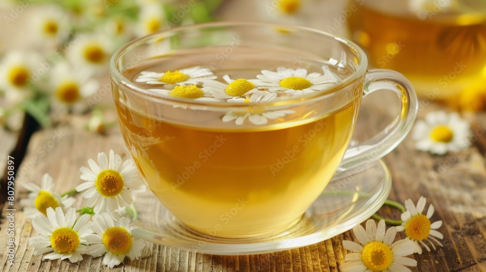 Chamomile Tea in Glass Cup Surrounded by Fresh Chamomile Flowers Chamomile Tea in Glass Cup Surrounded by Fresh Chamomile Flowers