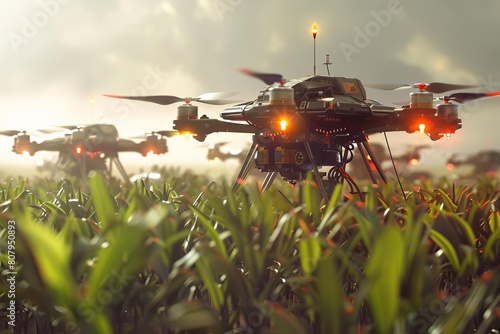 A network of AIpowered drones autonomously monitoring crop health and environmental conditions to optimize agricultural productivity and minimize resource usage photo