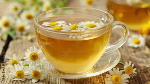 Chamomile Tea in Glass Cup Surrounded by Fresh Chamomile Flowers