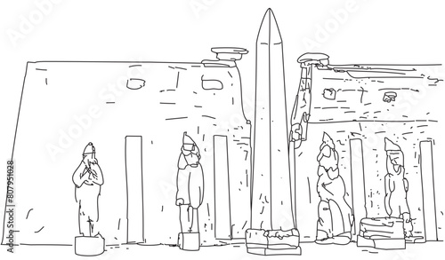 Ancient Luxor Temple is a large Egyptian temple complex located on bank of Nile River in city Luxor. Sketch with simple lines