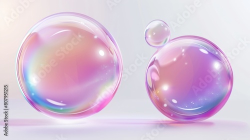 A transparent soap ball with pink and purple iridescent color and reflection. A realistic modern illustration of rainbow water and shampoo foam spheres. © Mark