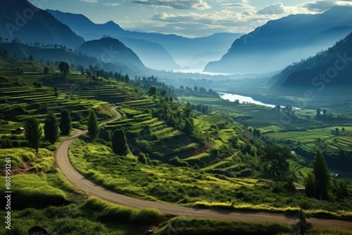 Rwanda landscape. Serene Mountain Valley with Winding Road and Lush Green Terraces.