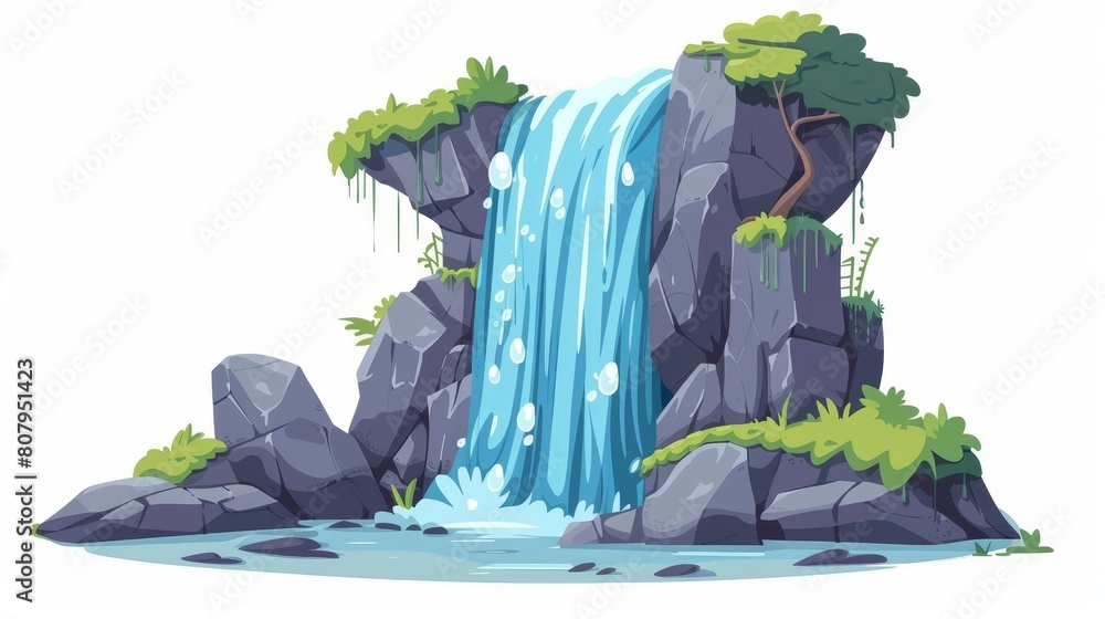Waterfall cascade with river stream cartoon icon. Niagara splash and flood flow illustration for tropical park.